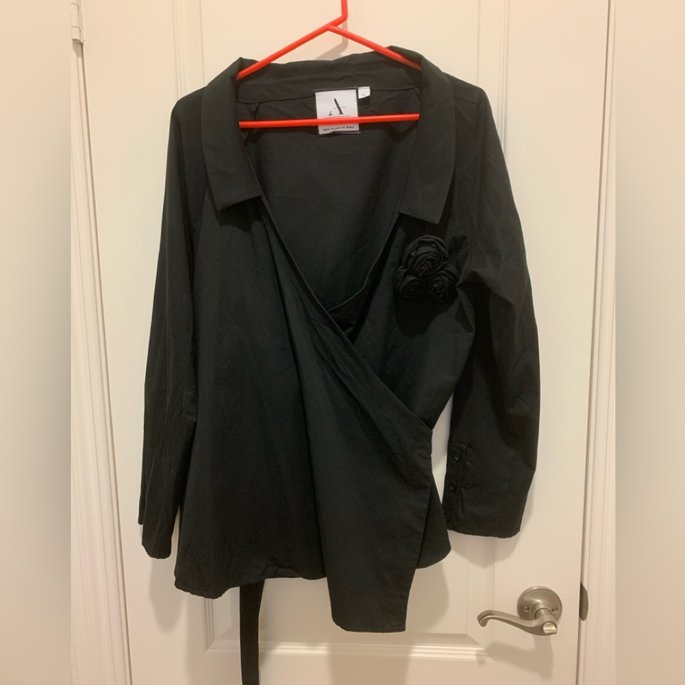 EUC ADEPTT Aria Black Wrap Top - Avant Garde Rosette Statement Blouse